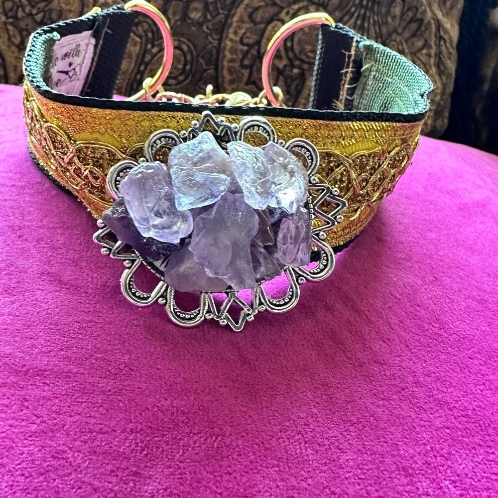 Artisan Boho Statement Gold Choker Necklace + Handmade Amethyst & Glass Pendant